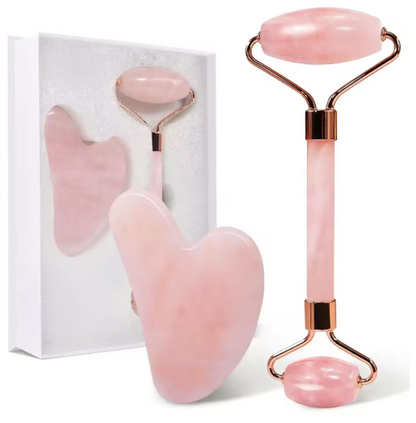 Natural Jade Roller Gua Sha Set Facial Body Massager Roller Face Lifting Beauty Massage Tools Rose Quartz Jade Stone Massage Set